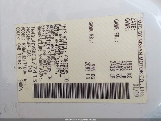 Nissan Altima 2.5 Sv 2019 1N4BL4DV8KC177433 Image 9