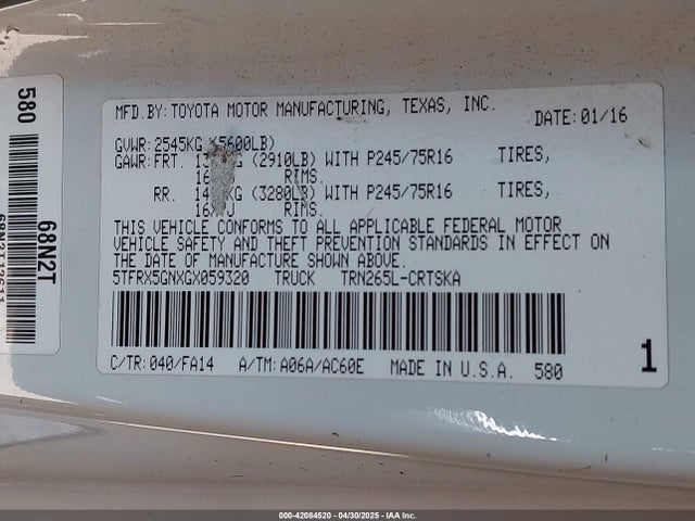 5TFRX5GNXGX059320 Toyota Tacoma Sr