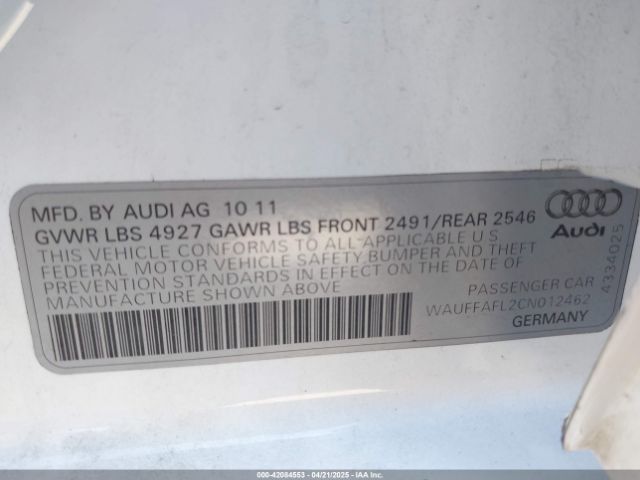 2012 AUDI A4 WAUFFAFL2CN012462 Photo 8