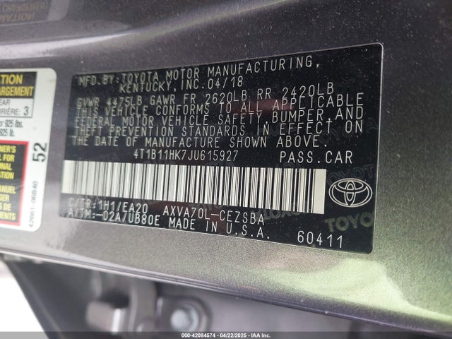 4T1B11HK7JU615927 Toyota CAMRY SE