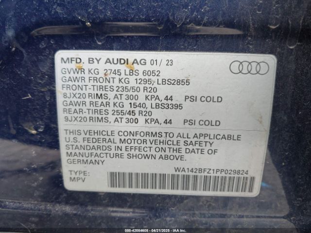 WA142BFZ1PP029824 Audi Q4 Sportback E-tron Prestige 50 Quattro