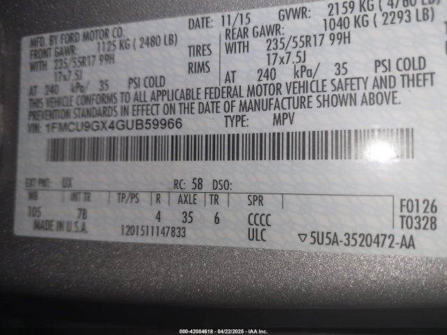1FMCU9GX4GUB59966 Ford ESCAPE SE
