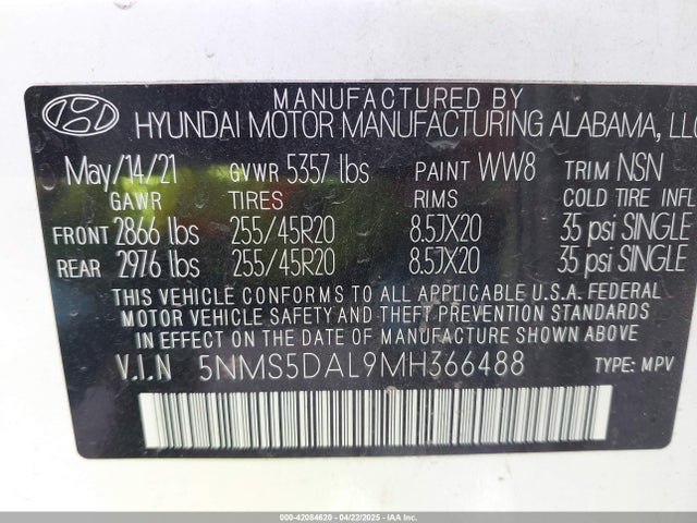 5NMS5DAL9MH366488 Hyundai Santa Fe Calligraphy