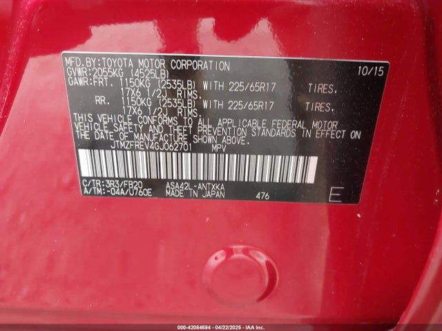 JTMZFREV4GJ062701 Toyota RAV4 LE