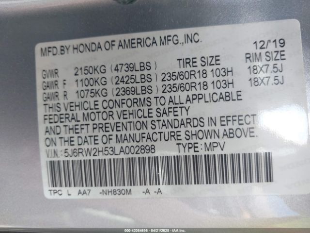 5J6RW2H53LA002898 Honda Cr-v Awd Ex