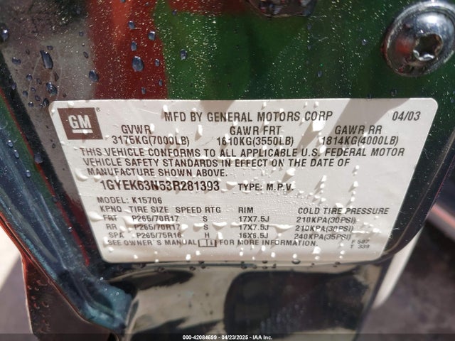 2003 CADILLAC ESCALADE 1GYEK63N53R281393 Photo 8