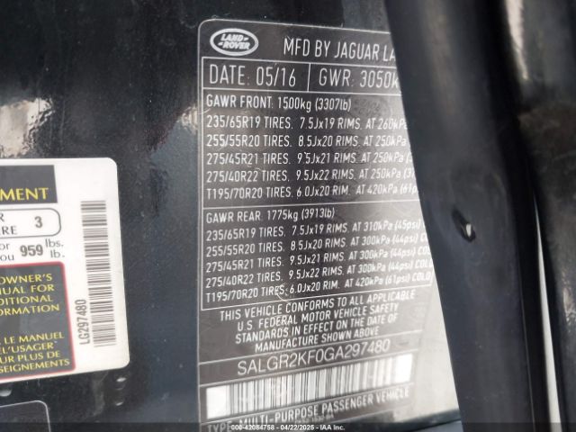 SALGR2KF0GA297480 Land Rover Range Rover 3.0l V6 Turbocharged Diesel Td6
