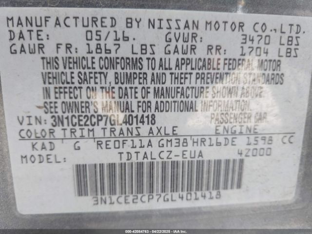 3N1CE2CP7GL401418 Nissan Versa Note S Plus