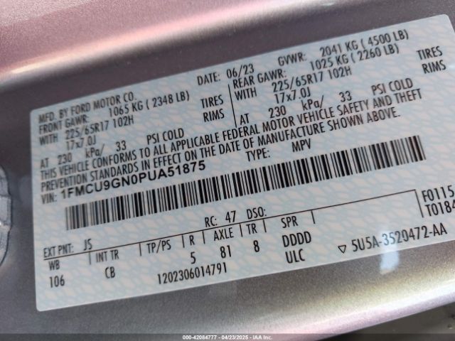 1FMCU9GN0PUA51875 Ford Escape Active