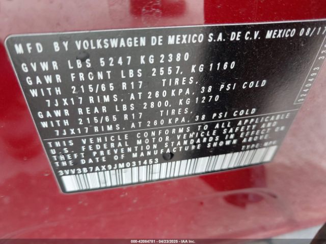 3VV3B7AX9JM031453 Volkswagen Tiguan 2.0t Se/2.0t Sel
