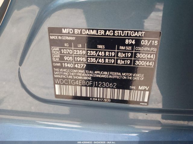WDCTG4EB0FJ123062 Mercedes-Benz GLA 250