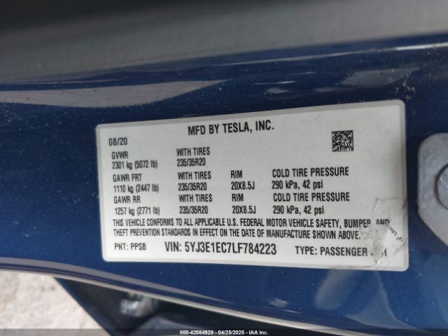 5YJ3E1EC7LF784223 Tesla Model 3 Performance Dual Motor All-wheel Drive