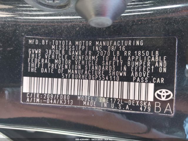 5YFBURHE0GP554110 Toyota Corolla S Plus