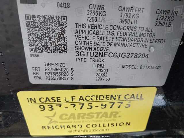3GTU2NEC6JG378204 GMC Sierra 1500 Slt
