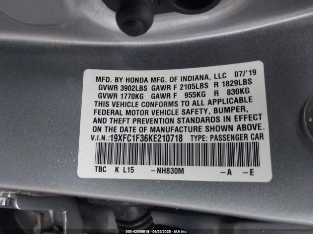 2019 HONDA CIVIC 19XFC1F36KE210718 Photo 8