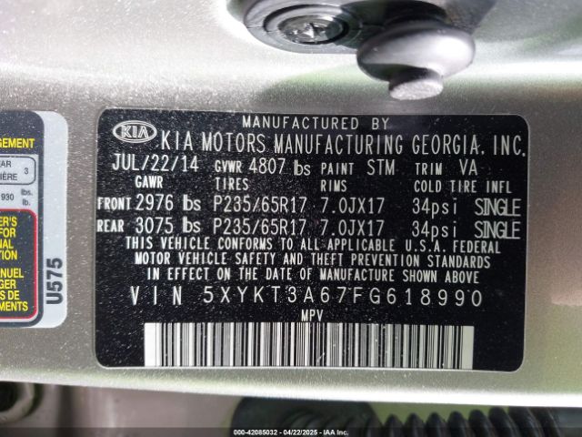 5XYKT3A67FG618990 KIA SORENTO LX
