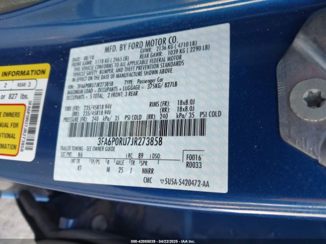 3FA6P0RU7JR273858 Ford Fusion Hybrid Titanium