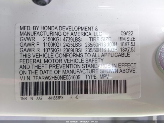 7FARW2H50NE051609 Honda Cr-v Awd Ex