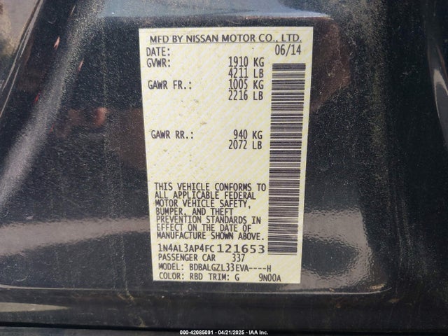 42085091 :رقم المزاد ، 1N4AL3AP4FC121653 vin ، 2015 Nissan Altima 2.5 S مزاد بيع