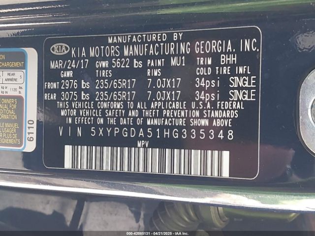5XYPGDA51HG335348 KIA Sorento 3.3l Lx