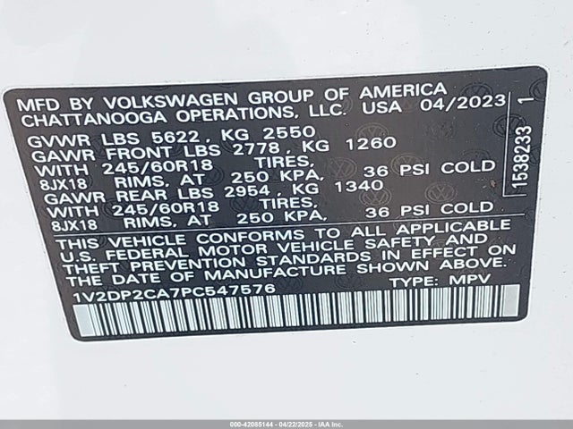 Aukcja sprzedaży 2023 Volkswagen Atlas 2.0t Se, vin: 1V2DP2CA7PC547576, numer aukcji: 42085144