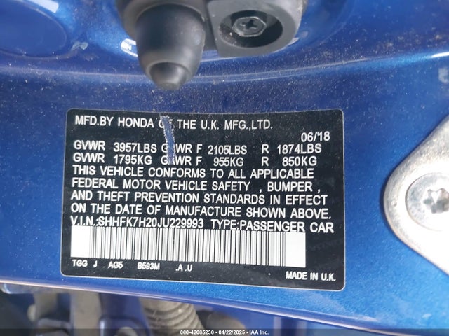 SHHFK7H20JU229993 Honda Civic Lx