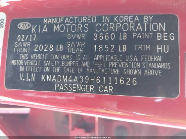 KNADM4A39H6111626 KIA RIO LX