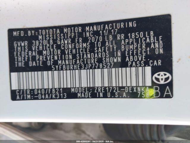 5YFBURHE3JP778527 Toyota COROLLA LE