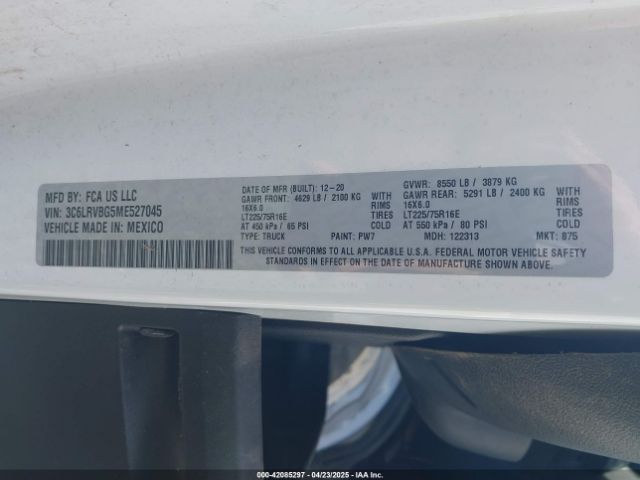 3C6LRVBG5ME527045 RAM Promaster 1500 High Roof 136 Wb