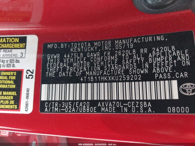4T1B11HKXKU259202 Toyota CAMRY SE