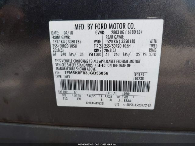 1FM5K8F83JGB56856 Ford Explorer Limited