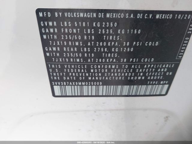 3VV3B7AX9MM025009 Volkswagen Tiguan 2.0t Se/2.0t Se R-line Black/2.0t Sel