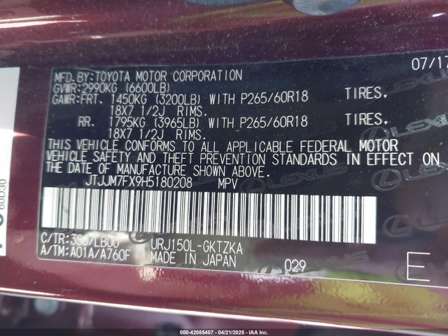 JTJJM7FX9H5180208 Lexus 1ur-fe