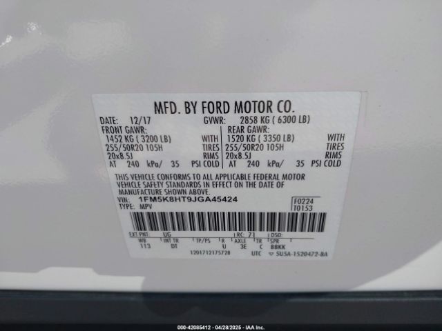 1FM5K8HT9JGA45424 Ford Explorer Platinum