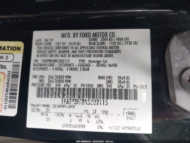 2019 FORD MUSTANG 1FATP8FF8K5202115 Photo 8