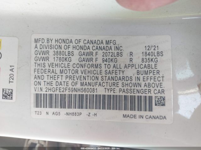 2022 HONDA CIVIC 2HGFE2F59NH560081 Photo 8
