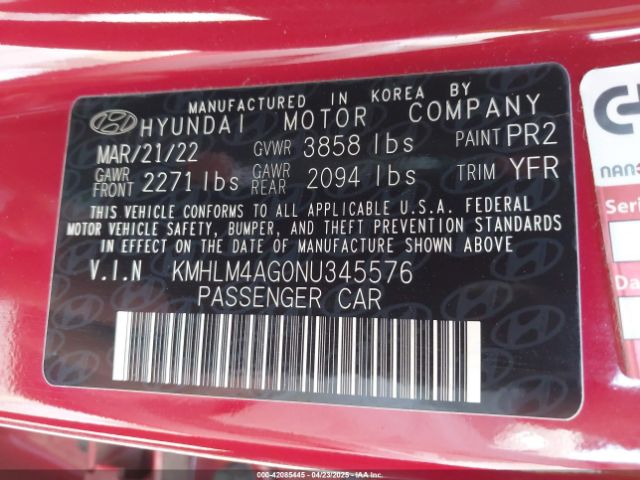 KMHLM4AG0NU345576 Hyundai ELANTRA SEL