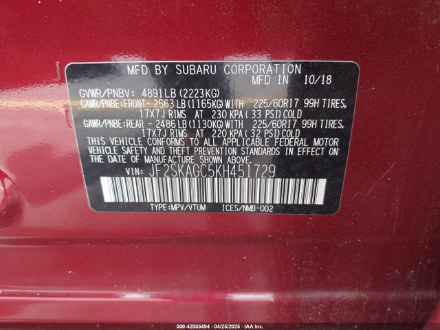 Subaru Forester Premium 2019 JF2SKAGC5KH451729 Image 9