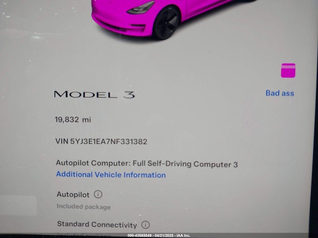 5YJ3E1EA7NF331382 Tesla Model 3 Rear-wheel Drive