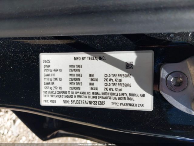 2022 TESLA MODEL 3 5YJ3E1EA7NF331382 Photo 8