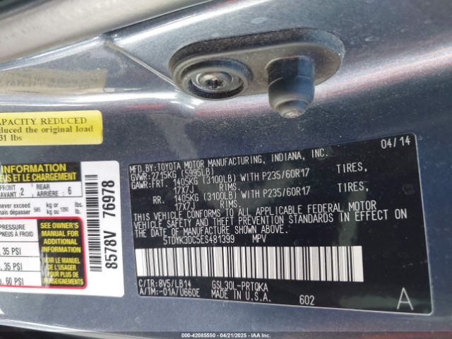 5TDYK3DC5ES481399 Toyota Sienna Xle V6 8 Passenger