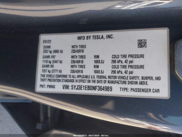 5YJ3E1EB0NF364989 Tesla Model 3 Long Range Dual Motor All-wheel Drive