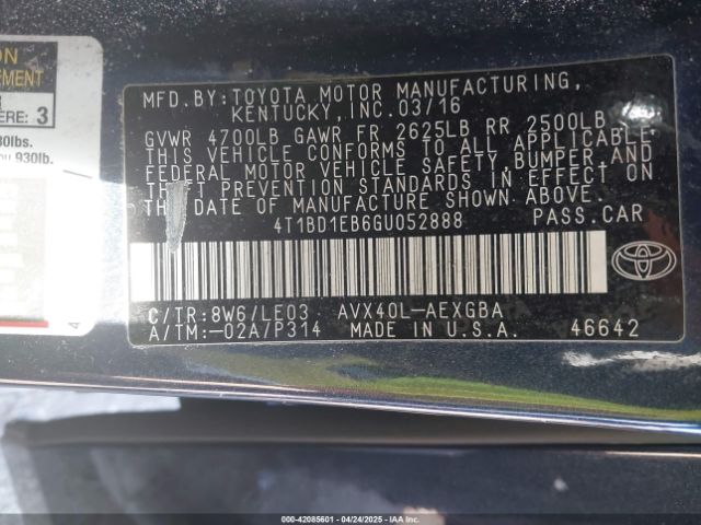 4T1BD1EB6GU052888 Toyota Avalon Hybrid Xle Premium