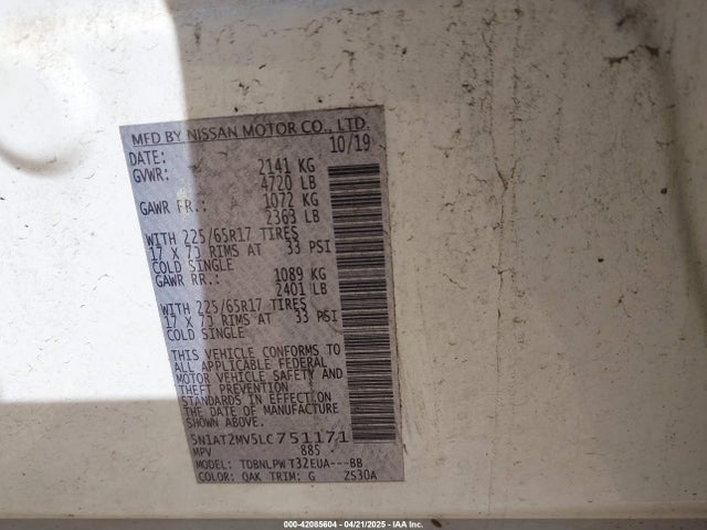 5N1AT2MV5LC751171 Nissan Rogue S Intelligent Awd