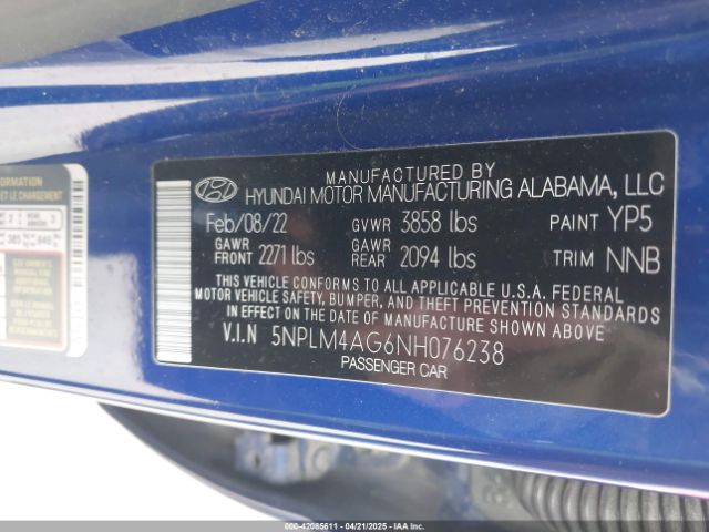 5NPLM4AG6NH076238 Hyundai ELANTRA SEL