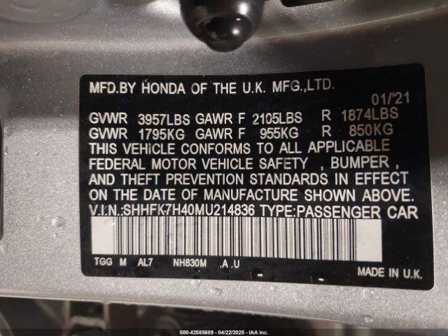 SHHFK7H40MU214836 Honda Civic Sport