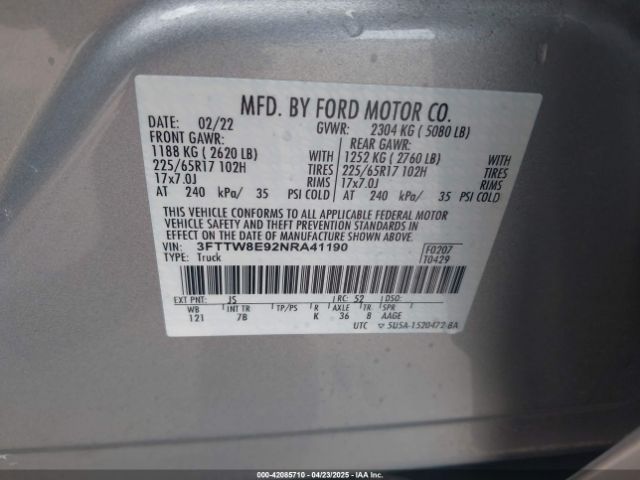 3FTTW8E92NRA41190 Ford Maverick Xlt