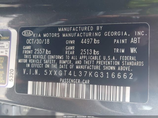 5XXGT4L37KG316662 KIA Optima S
