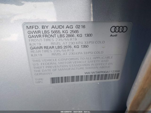 2016 AUDI Q5 WA1W7AFP0GA112358 Photo 8