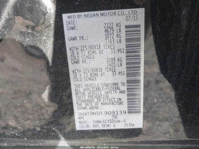 5N1AT2MV5FC909139 Nissan Rogue Sl